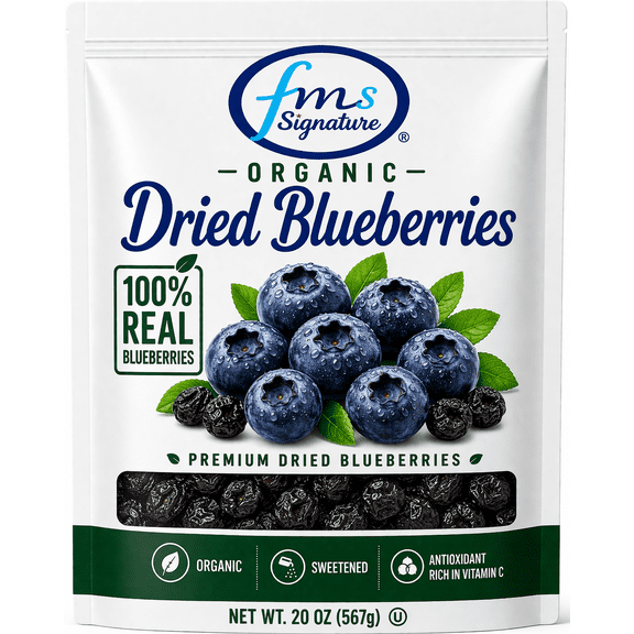 FMS Signature Organic Dried Blueberries, Sweetened, 20 oz (1 Pack)