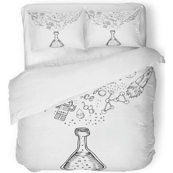 FMSHPON 3 Piece Bedding Set Atom Back to School Science Learning Symbols from Bulb Education Biology Drawn Twin Size Duvet Cover with 2 Pillowcase for Home Bedding Room Decoration