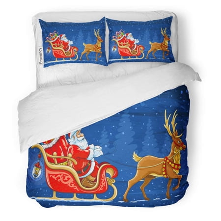 FMSHPON 3 Piece Bedding Set Blue Sleigh Christmas Santa Claus Moving Sledge Reindeer and Red Ride Sled Deer Twin Size Duvet Cover with 2 Pillowcase for Home Bedding Room Decoration