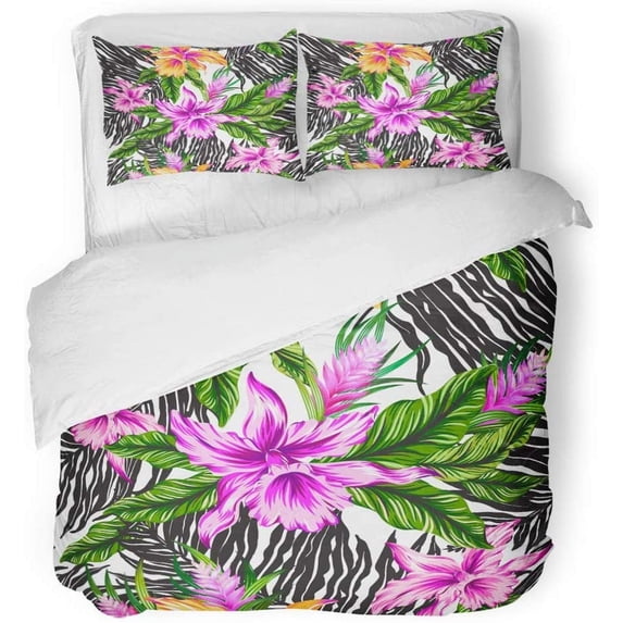 FMSHPON 3 Piece Bedding Set Colorful Floral Pattern in Romantic Colors Exotic Orchids on Zebra Orange Aloha Twin Size Duvet Cover with 2 Pillowcase for Home Bedding Room Decoration