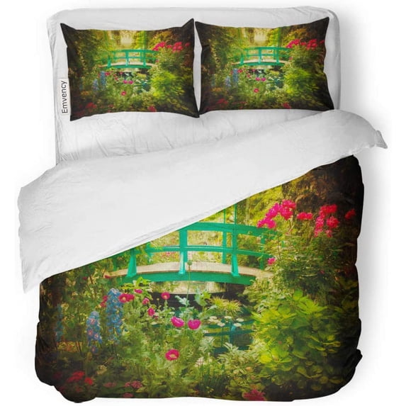 FMSHPON 3 Piece Bedding Set Colorful Lovely Monet Garden and Bridge Artistic Effect Green Twin Size Duvet Cover with 2 Pillowcase for Home Bedding Room Decoration