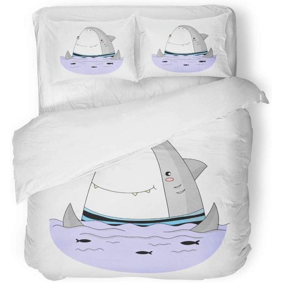 FMSHPON 3 Piece Bedding Set Happy White Shark in Stripped Sailor Waves Ocean Black Fishes Childish Twin Size Duvet Cover with 2 Pillowcase for Home Bedding Room Decoration