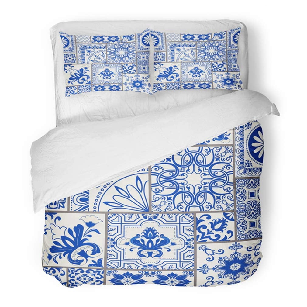 FMSHPON 3 Piece Bedding Set Majolica Pottery Blue and White Azulejo Original Traditional