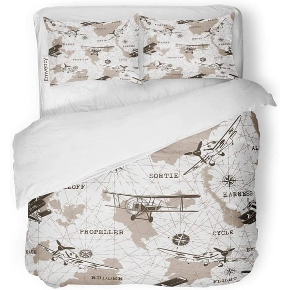 FMSHPON 3 Piece Bedding Set Pattern Planes Map Airplane Air Vintage Army Twin Size Duvet Cover with 2 Pillowcase for Home Bedding Room Decoration