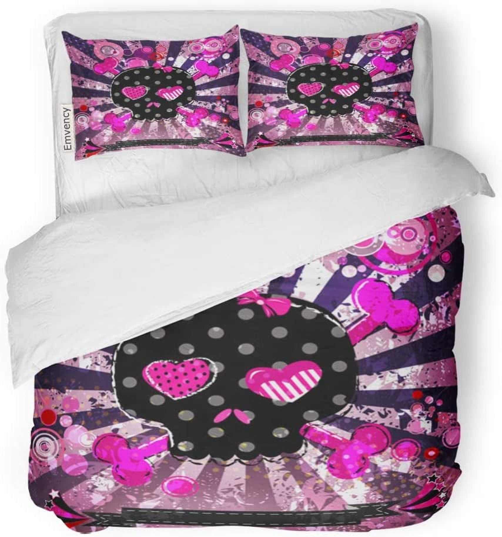 FMSHPON 3 Piece Bedding Set Pink Girly Cute Aggressive Skull in Red Emo ...