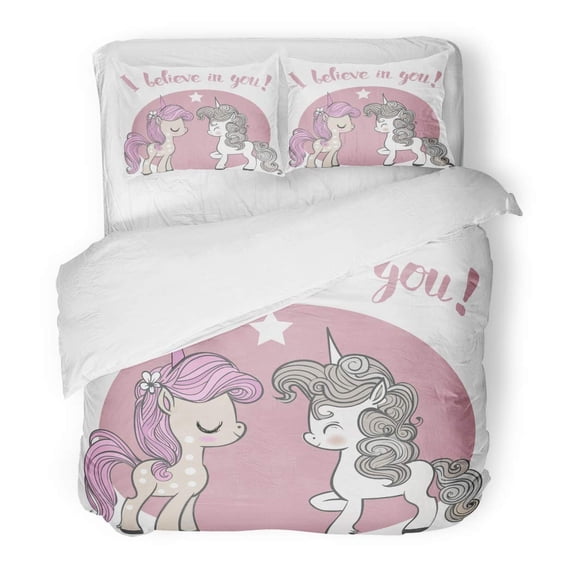FMSHPON 3 Piece Bedding Set Pink Princess Two Little Unicorns Girl Cartoon Cute Pony Twin Size Duvet Cover with 2 Pillowcase for Home Bedding Room Decoration