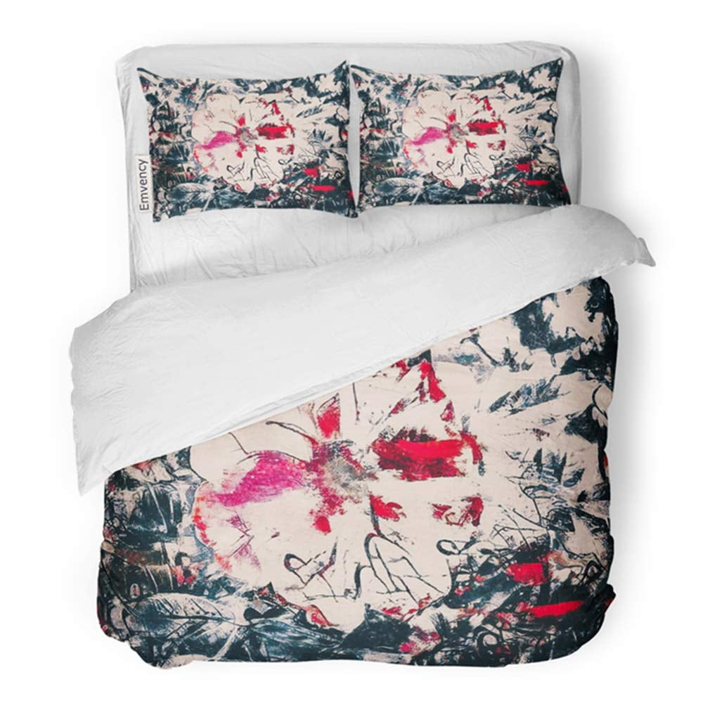 FMSHPON 3 Piece Bedding Set Red and Black Abstract Flowers Bouquets in