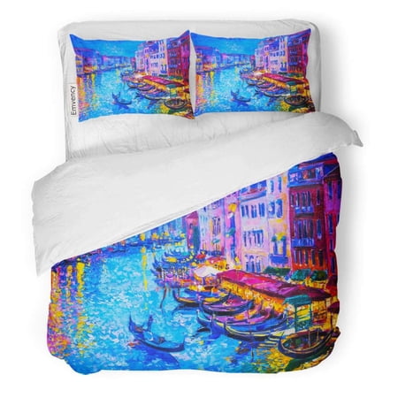 FMSHPON 3 Piece Bedding Set Red Canvas Original Oil Painting Gondola Boat and Venice Modern Impressionism Blue Paint Twin Size Duvet Cover with 2 Pillowcase for Home Bedding Room Decoration