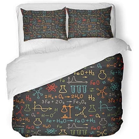 FMSHPON 3 Piece Bedding Set School Hand Draw Chemistry on Black Education Chemical Formula Atom Symbol Structure Twin Size Duvet Cover with 2 Pillowcase for Home Bedding Room Decoration
