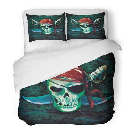 FMSHPON 3 Piece Bedding Set Ship Pirate Skull Bandana Bandanna Captain Eye Patch Sailor Boat Twin Size Duvet Cover with 2 Pillowcase for Home Bedding Room Decoration