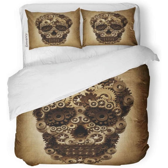 FMSHPON 3 Piece Bedding Set Skull Gear As Group of Cog Wheels Shaped Steampunk Steam Punk Death Skeleton Twin Size Duvet Cover with 2 Pillowcase for Home Bedding Room Decoration