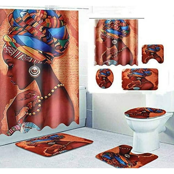 FMSHPON American Afro Women 4 Piece Bathroom Set Shower Curtain Bath Rug Contour Mat and Toilet Lid Cover