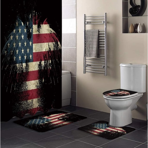 FMSHPON American Flag Decor 4 Piece Bathroom Set Shower Curtain Bath Rug Contour Mat and Toilet Lid Cover