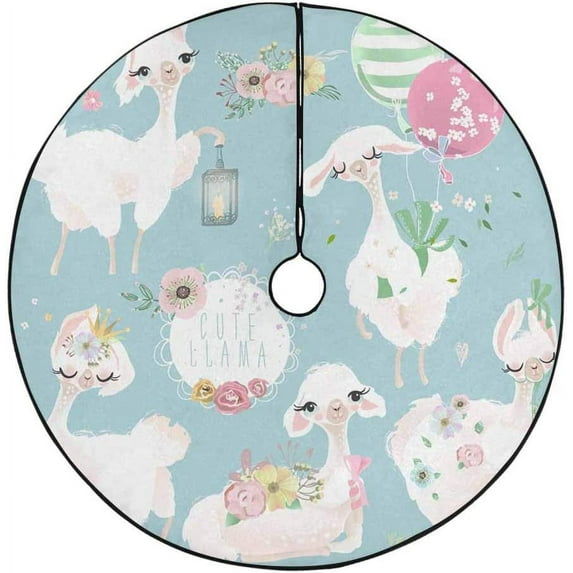 FMSHPON Beautiful Alpacas Floral Blue Xmas Christmas Tree Skirt Stand Mat for Holiday Party Decoration Indoor Outdoor 48 inches