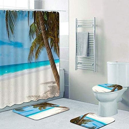 FMSHPON Beautiful View of Sea from The Window Beach Scenery 4 Piece Bathroom Set Shower Curtain Bath Rug Contour Mat and Toilet Lid Cover