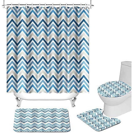 FMSHPON Blue White Wave Simple Modern Geomatic 4 Piece Bathroom Set Shower Curtain Bath Rug Contour Mat and Toilet Lid Cover