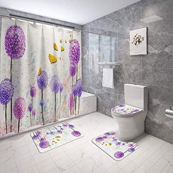 FMSHPON Butterfly Dandelion Flower 4 Piece Bathroom Set Shower Curtain Bath Rug Contour Mat and Toilet Lid Cover