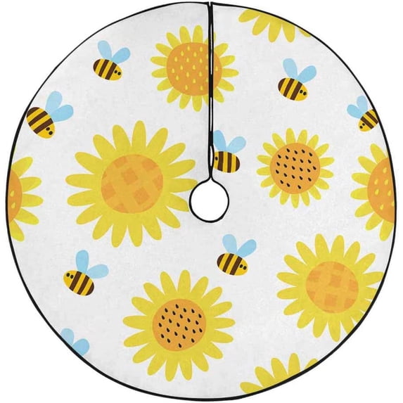 FMSHPON Cartoon Bees Sunflowers Blossom Xmas Christmas Tree Skirt Stand Mat for Holiday Party Decoration Indoor Outdoor 36 inches