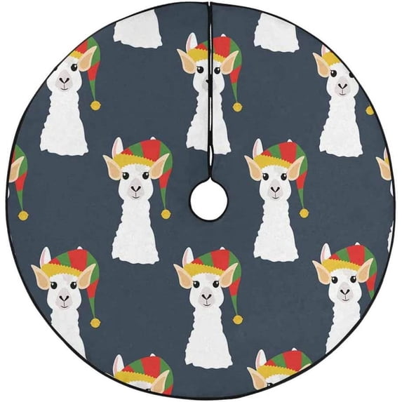 FMSHPON Cartoon Christmas Hat Alpaca Xmas Christmas Tree Skirt Stand Mat for Holiday Party Decoration Indoor Outdoor 48 inches