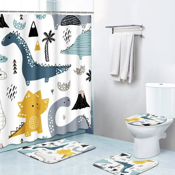 FMSHPON Cartoon Dinosaur 4 Piece Bathroom Set Shower Curtain Bath Rug Contour Mat and Toilet Lid Cover