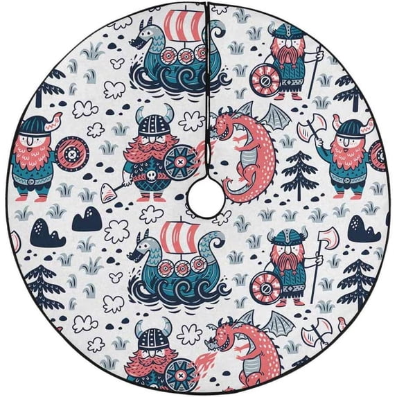 FMSHPON Cartoon Vikings Dragon Xmas Christmas Tree Skirt Stand Mat for Holiday Party Decoration Indoor Outdoor 48 inches