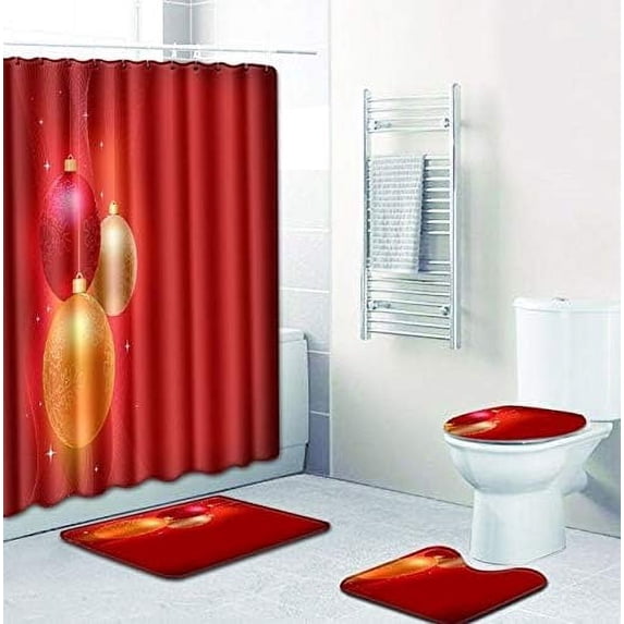 FMSHPON Christmas 4 Piece Bathroom Set Shower Curtain Bath Rug Contour Mat and Toilet Lid Cover