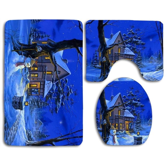 FMSHPON Christmas Night House Snowman 3 Piece Bathroom Rugs Set Bath Rug Contour Mat and Toilet Lid Cover