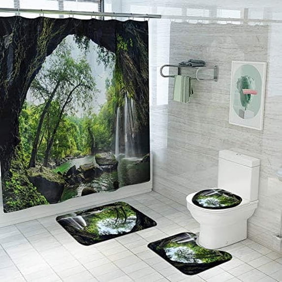 FMSHPON Classic Style 4 Piece Bathroom Set Shower Curtain Bath Rug Contour Mat and Toilet Lid Cover