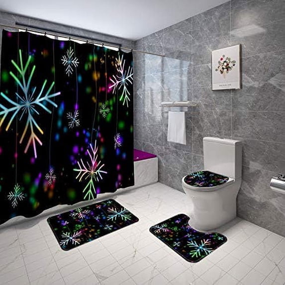 FMSHPON Colorful Christmas Tree Black 4 Piece Bathroom Set Shower Curtain Bath Rug Contour Mat and Toilet Lid Cover