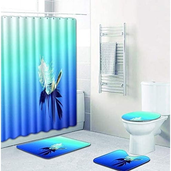 FMSHPON Colorful Feather Water 4 Piece Bathroom Set Shower Curtain Bath Rug Contour Mat and Toilet Lid Cover