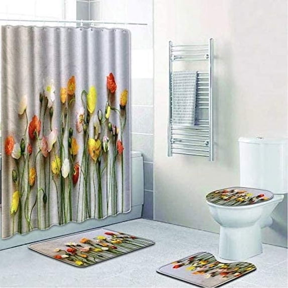 FMSHPON Colorful Tulip Purple Flowers Trees 4 Piece Bathroom Set Shower Curtain Bath Rug Contour Mat and Toilet Lid Cover