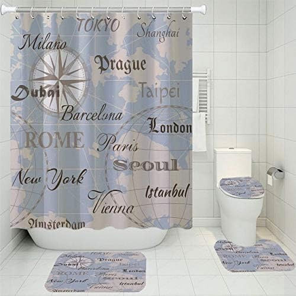 FMSHPON Compass Circle World Map 4 Piece Bathroom Set Shower Curtain ...