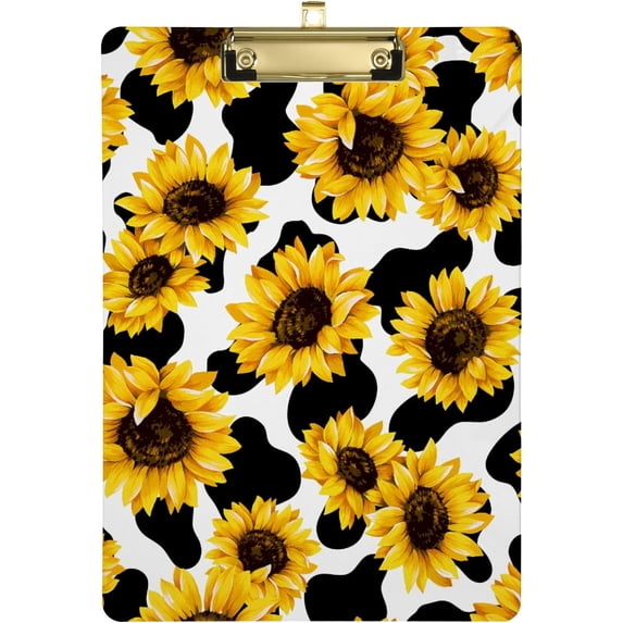 FMSHPON Cow Print Sunflowers Clipboard Hardboard Wood Nursing Clip Board and Pull for Standard A4 Letter 13x9 inches