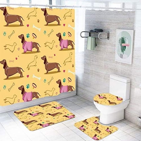 FMSHPON Cute Free Dog 4 Piece Bathroom Set Shower Curtain Bath Rug Contour Mat and Toilet Lid Cover