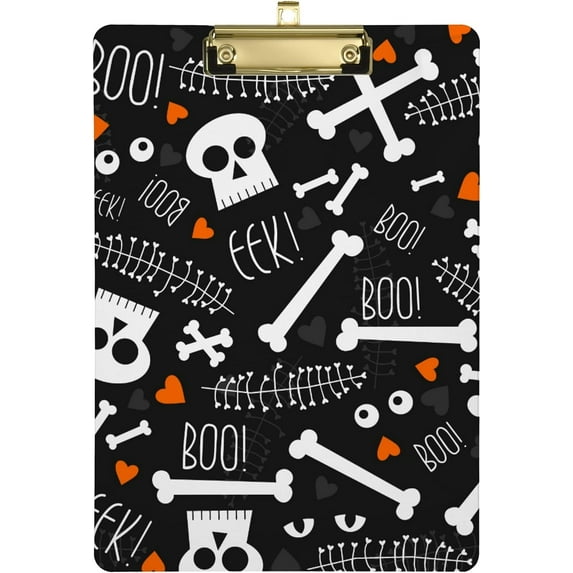 FMSHPON Cute Skull White Bones Clipboard Hardboard Wood Nursing Clip Board and Pull for Standard A4 Letter 13x9 inches