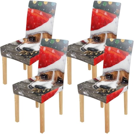 FMSHPON Dog Santa Claus Costume Merry Christmas Stretch Chair Cover Protector Seat Slipcover for Dining Room Hotel Wedding Party Set of 4