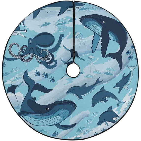FMSHPON Dolphins Whale Xmas Christmas Tree Skirt Stand Mat for Holiday Party Decoration Indoor Outdoor 48 inches