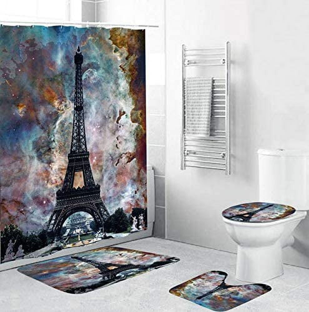FMSHPON Eiffel Tower Paris Decor 4 Piece Bathroom Set: Shower Curtain ...