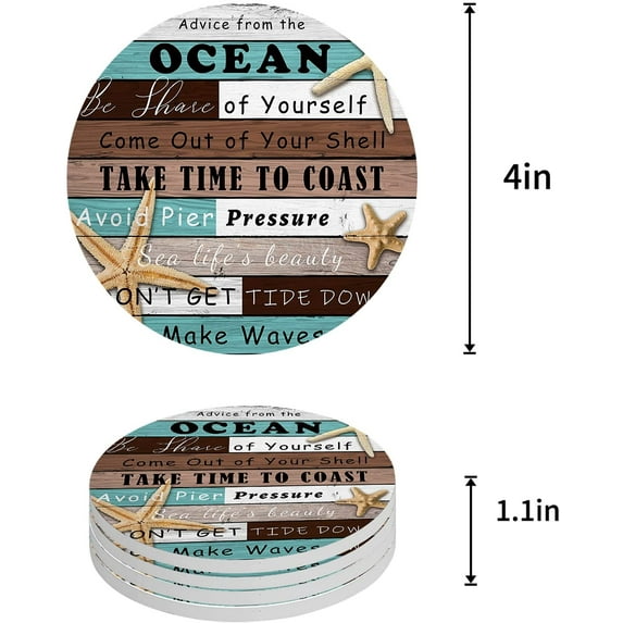 FMSHPON Element Text Vintage Wooden Grain Set of 4 Round Coaster for Drinks, Absorbent Ceramic Stone Coasters Cup Mat with Cork Base for Home Kitchen Room Coffee Table Bar Decor