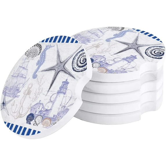 FMSHPON Elements Seahorse Starfish Conch Blue Set of 2 Car Coaster for Drinks, Absorbent Ceramic Stone Coasters Cup Mat with Cork Base for Home Kitchen Room Coffee Table Bar Decor