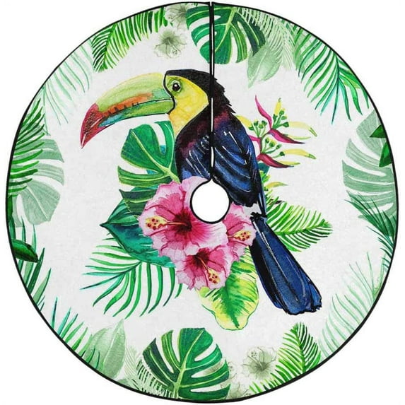 FMSHPON Exotic ToucanLeaves Xmas Christmas Tree Skirt Stand Mat for Holiday Party Decoration Indoor Outdoor 48 inches