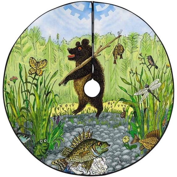 FMSHPON Fisherman Bear Goes Near The River Bank Xmas Christmas Tree Skirt Stand Mat for Holiday Party Decoration Indoor Outdoor 36 inches