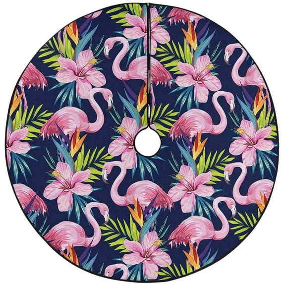FMSHPON Flamingo Hibiscus Print Xmas Christmas Tree Skirt Stand Mat for Holiday Party Decoration Indoor Outdoor 36 inches