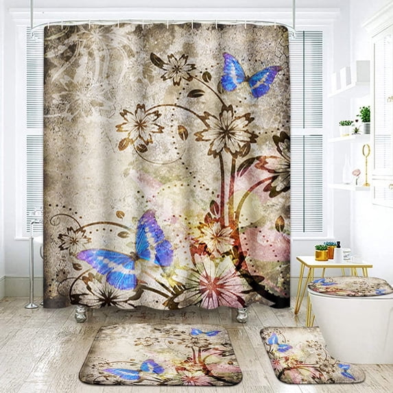 FMSHPON Floral Butterfly Butterfly Butterfly 4 Piece Bathroom Set Shower Curtain Bath Rug Contour Mat and Toilet Lid Cover