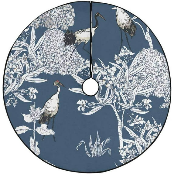 FMSHPON Floral TreesExotic Birds Cranes Xmas Christmas Tree Skirt Stand Mat for Holiday Party Decoration Indoor Outdoor 36 inches