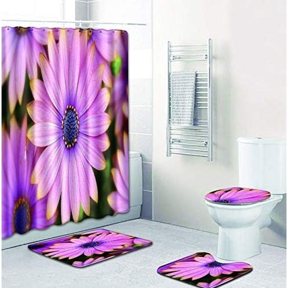 FMSHPON Flower 4 Piece Bathroom Set Shower Curtain Bath Rug Contour Mat and Toilet Lid Cover