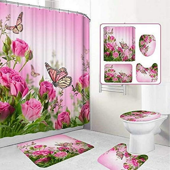 FMSHPON Flower Butterfly Pink Rose 4 Piece Bathroom Set Shower Curtain Bath Rug Contour Mat and Toilet Lid Cover