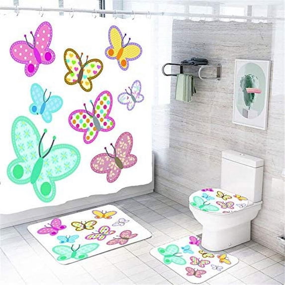 FMSHPON Flying Butterfly 4 Piece Bathroom Set Shower Curtain Bath Rug Contour Mat and Toilet Lid Cover