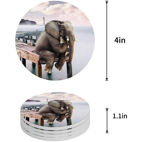 FMSHPON Funny Elephant Sitting on The Pier and Thinking Set of 8 Round Coaster for Drinks, Absorbent Ceramic Stone Coasters Cup Mat with Cork Base for Home Kitchen Room Coffee Table Bar Decor