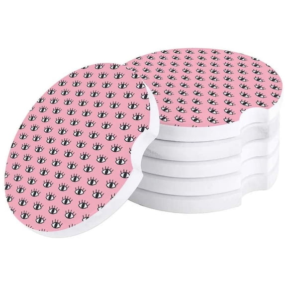 FMSHPON Funny Eyes Pattern Pink Set of 2 Car Coaster for Drinks, Absorbent Ceramic Stone Coasters Cup Mat with Cork Base for Home Kitchen Room Coffee Table Bar Decor
